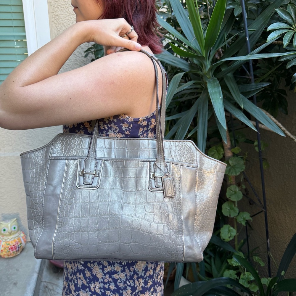 Vintage Coach Metallic Bronze Crocodile-Embossed Large Leather Tote Bag